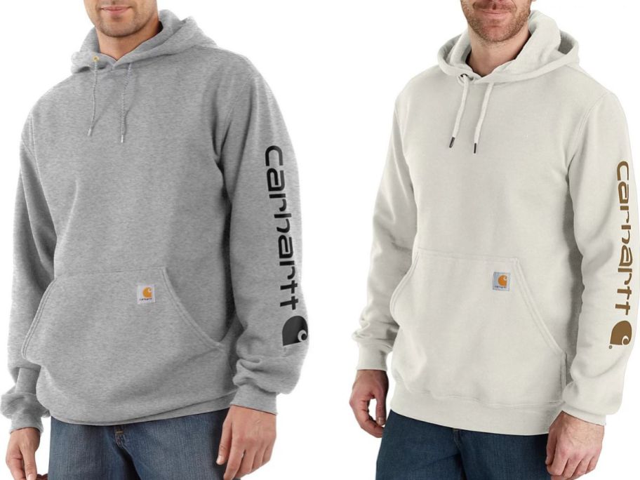 Stock images of two men wearing Carhartt Men's Midweight Signature Sleeve Logo Hoodies