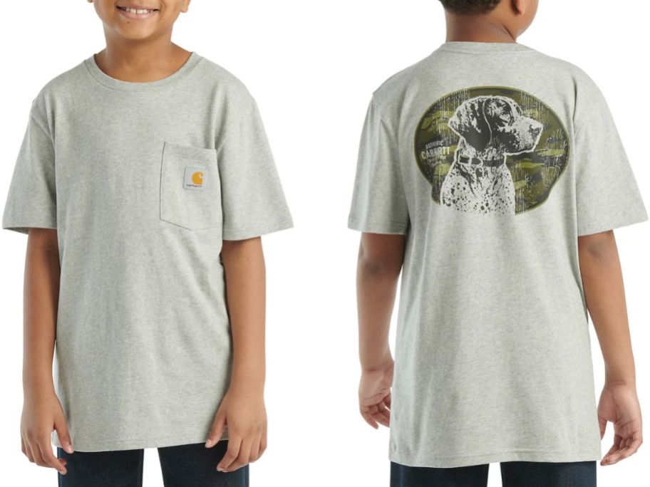 Stock images of a the front and back of a boy wearing a Carhartt Kids Dog Pocket Graphic T-shirt 