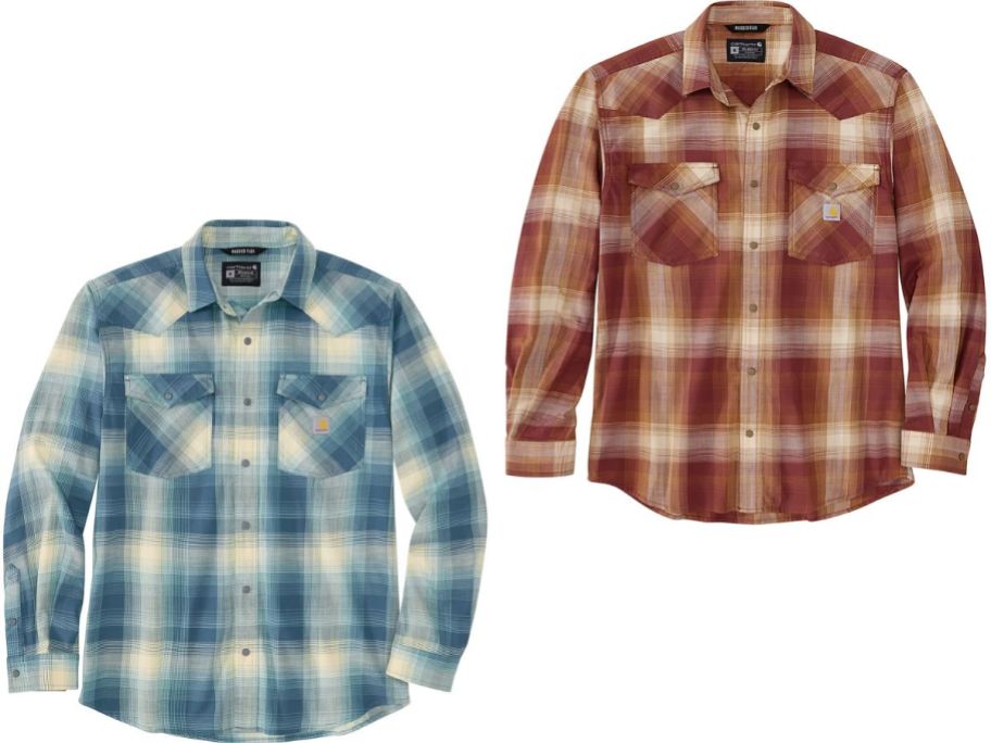 Stock images of two Carhartt Men's Montana Rugged Flex Button-Down Shirts