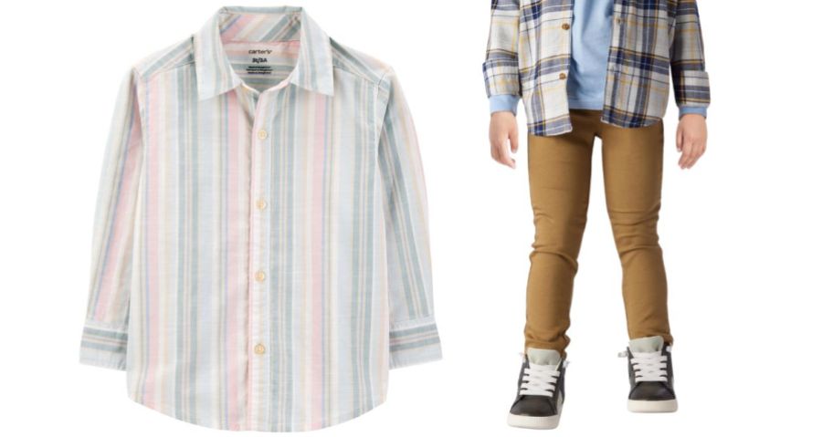 a striped button-down shirt and a child in brown pants