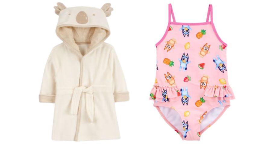 a baby robe with a hood and a Bluey one-piece swimsuit
