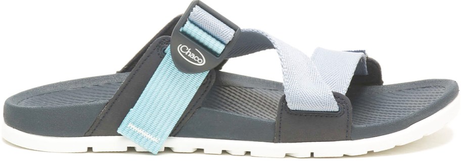 grey and white sandal with blue straps