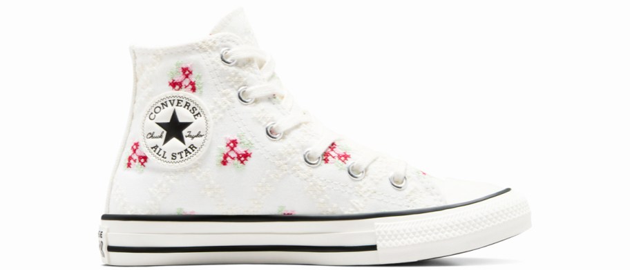 white converse high top sneaker with cross stitch rose print
