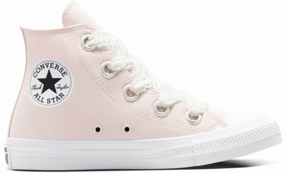 light pink high top sneaker with crochet laces
