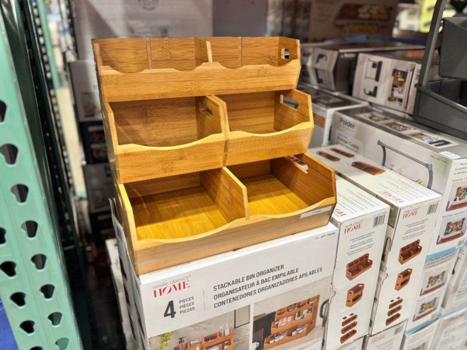 A wooden stackable bin organizer at Costco