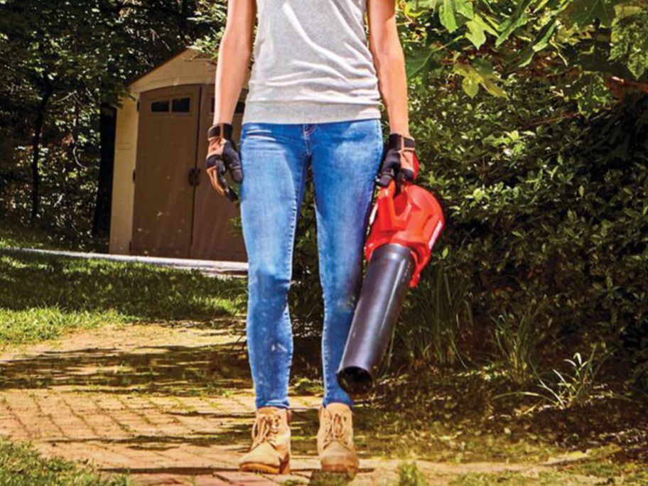 Woman carrying a craftsman blower