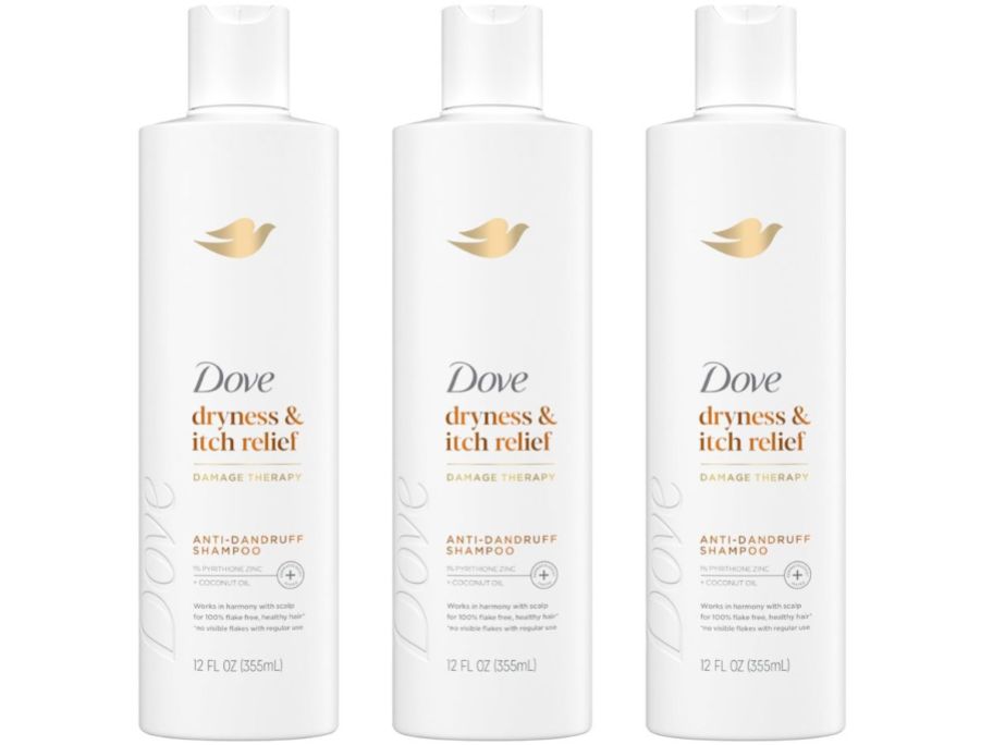 3 bottles of Dove Dryness & Itch Relief Shampoo