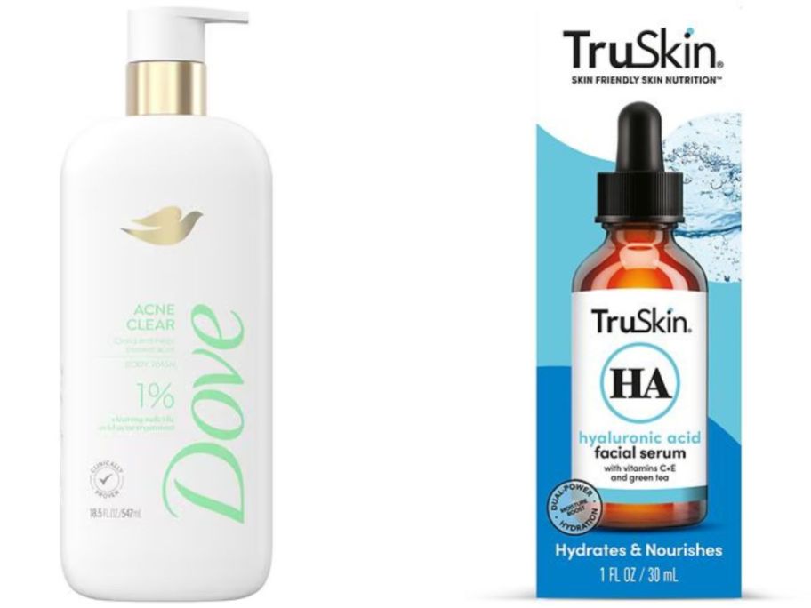 Stock image of dove serum body wash and truskin hylauronic acid