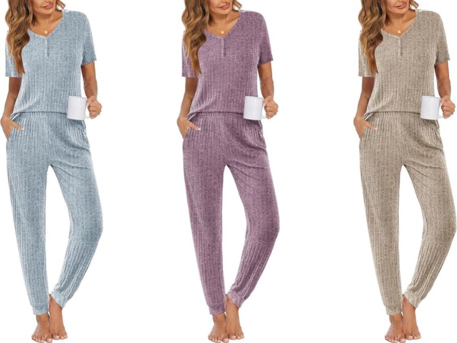Stock images of 3 women wearing blue, lilac, and oatmeal Ekouaer Women's 2-Piece Jogger Lounge Sets