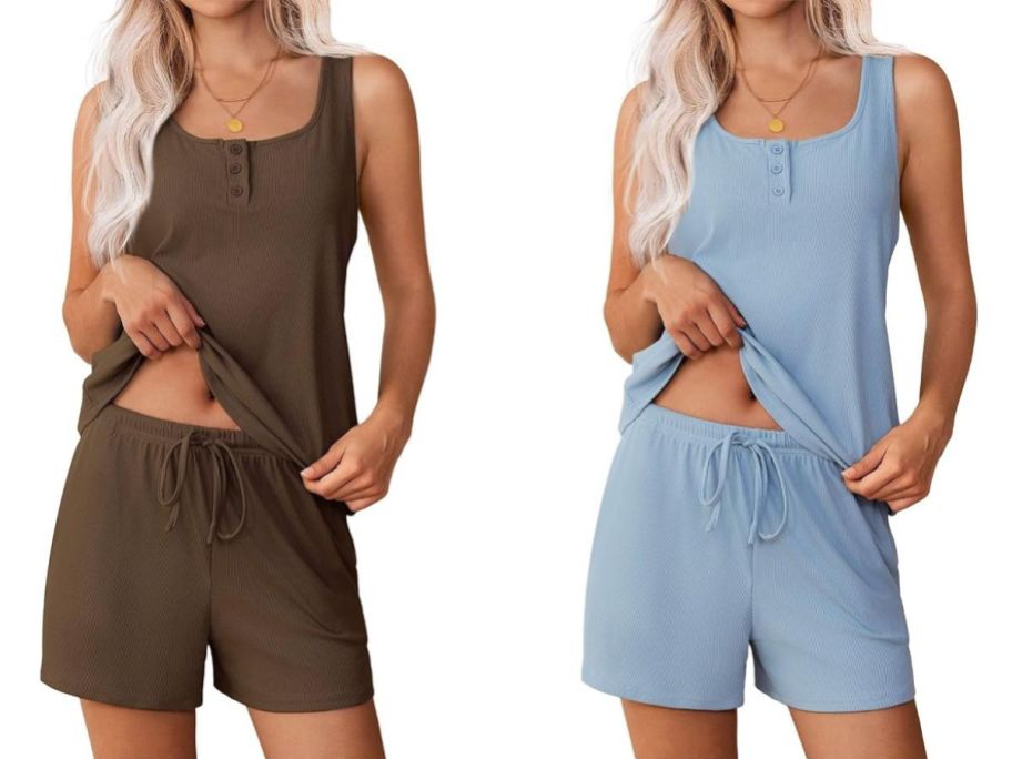 Stock images of two women wearing brown and blue Ekouaer Women's 2-Piece Henley Tank Lounge Sets
