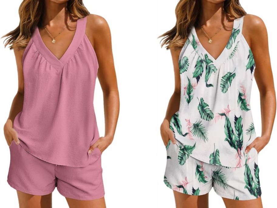 Stock images of two women wearing a dusty rose and green and white palm print Ekouer 2-piece Tank Lounge Set