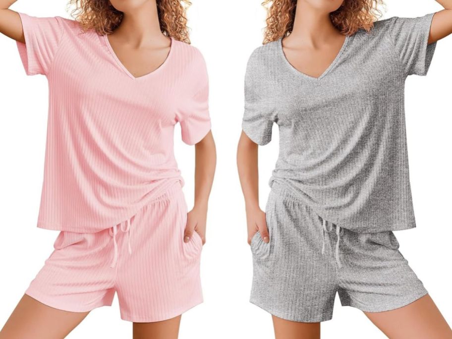 Stock images of two women wearing pink and gray Ekouaer Women's 2-Piece Ribbed Lounge Sets