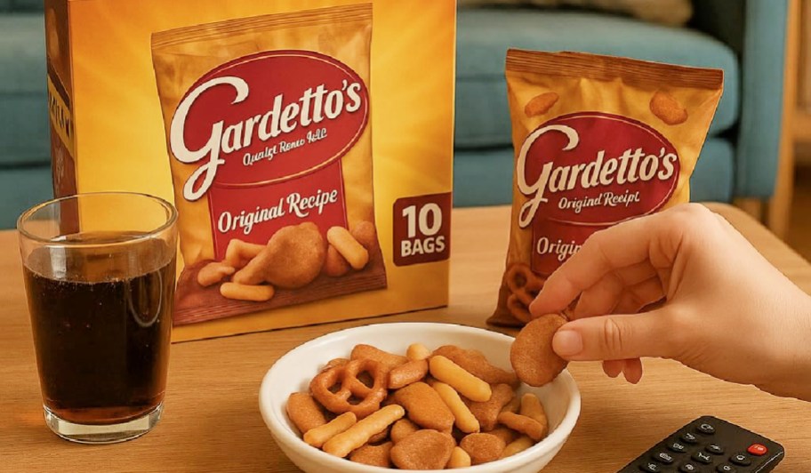 Hand reaching for Gardetto's snack mix in a bowl