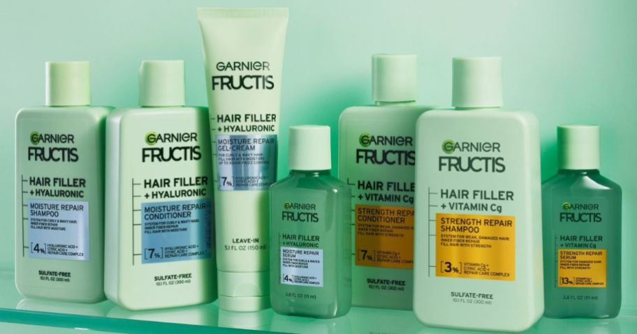 A shelf filled with Garnier Fructis Hair Filler products