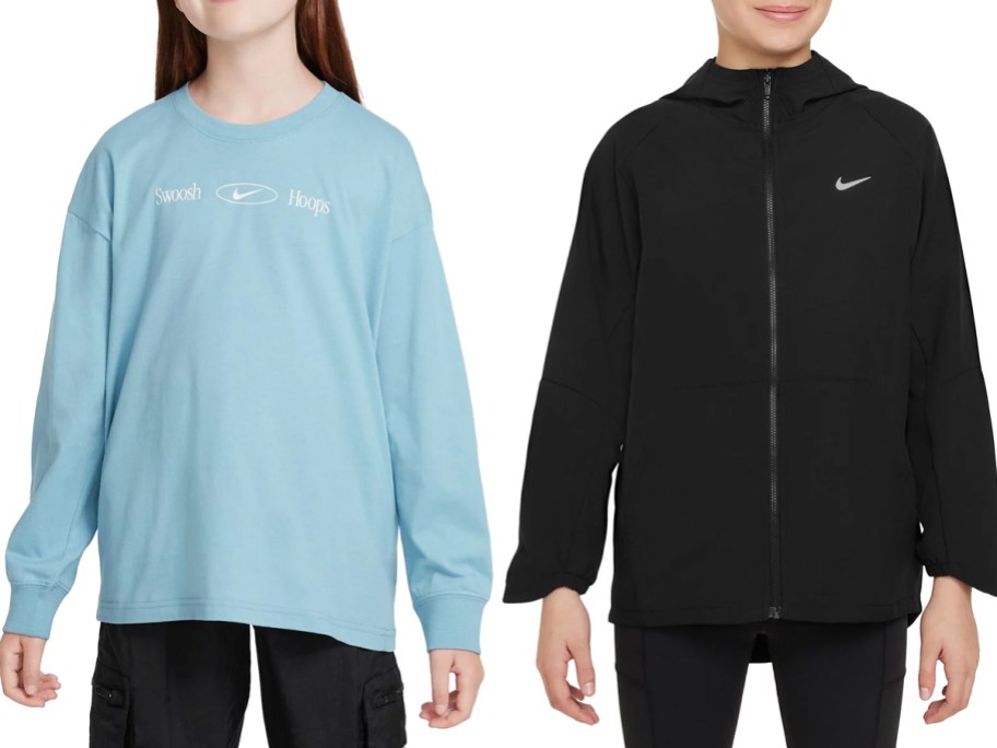 Girl wearing a turquoise Nike Sportswear Cotton Long-Sleeve Boyfriend T-Shirt and a girl wearing a black Nike Dri-FIT UV Hooded Training Jacket