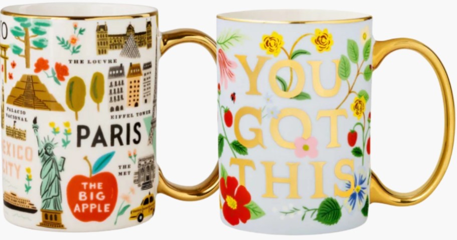 2 coffee mugs, one has designs from various big cities and the other has flowers and says "You Got This"