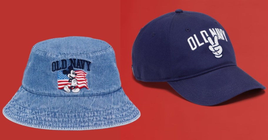 a jean bucket hat with Mickey Mouse and Old Navy and a Mickey Old Navy baseball cap