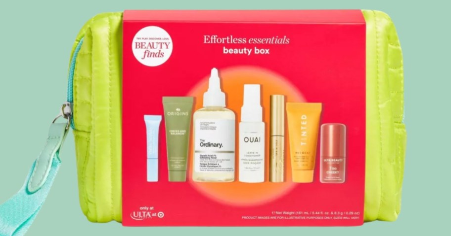 image of a green cosmetic bag with an Ulta Beauty sample kit