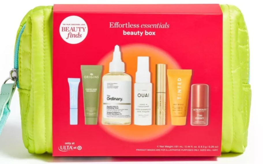image of a green cosmetic bag with an Ulta Beauty sample kit