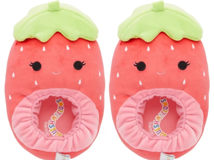 a pair of strawberry Squishamllow kids slippers