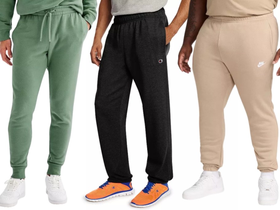 the lower half of 3 men waring different colors and styles of joggers