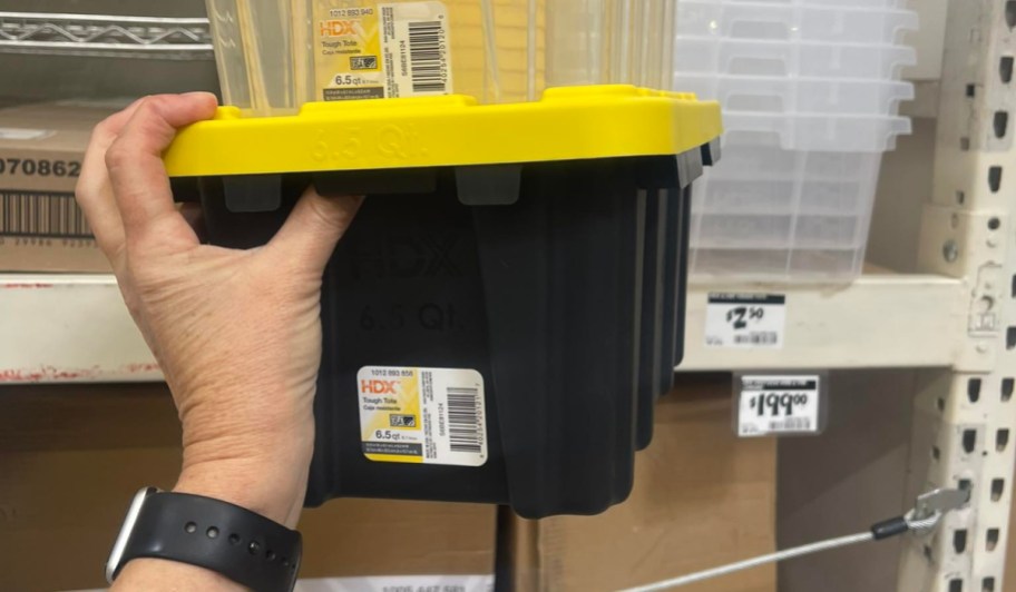 black and yellow HDX storage tote in hand