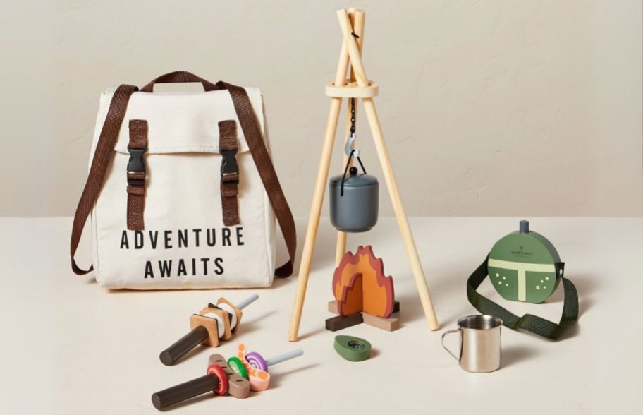 a camping playset with campfires, backpack and cantine