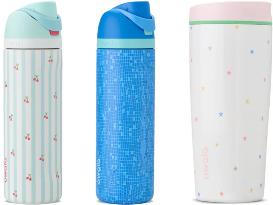 Stock images of three Owala Birthday Bash tumblers