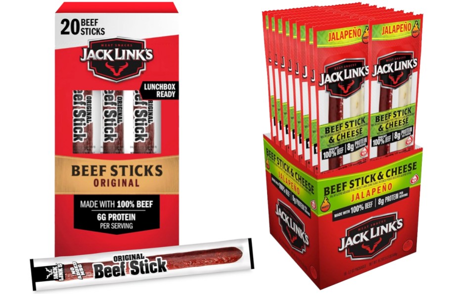 two red boxes of Jack Link's Beef Sticks