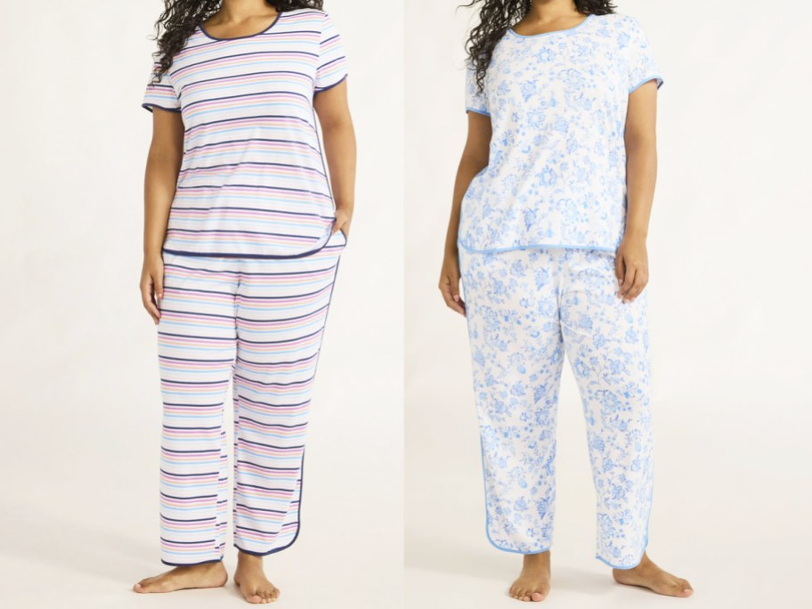 two women in striped and floral print pajama sets