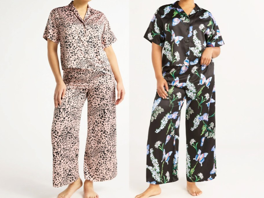 two women in satin animal and butterfly print pajama sets