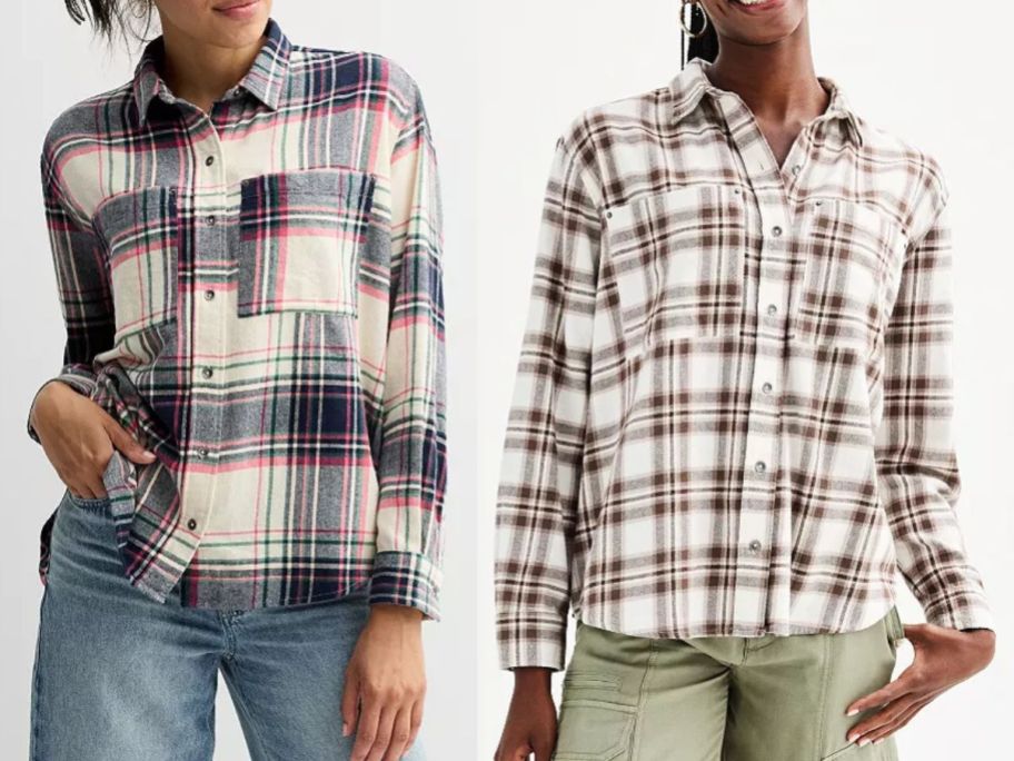 2 young women wearing flannel shirts