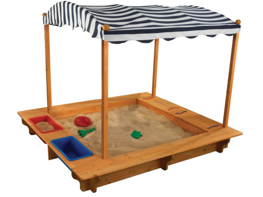 wooden sandbox bin and canopy with colorful spaces