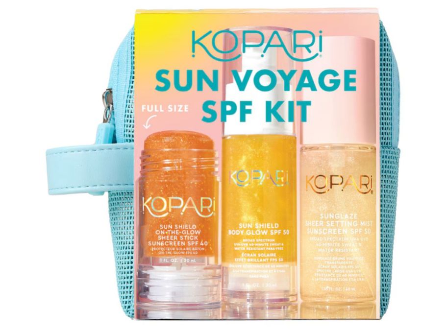 Kopari Sun Voyage SPF products in a small bag