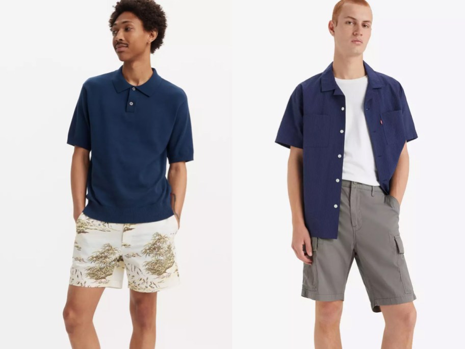 Men wearing Levi’s XX Chino Authentic 6" shorts with a navy polo and Levi’s Carrier Cargo 9.5" shorts with a navy short-sleeve shirt.