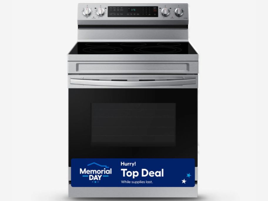 Stock images of a Samsung 30" Glass Top 5 Burner 6.3-cu ft Air Fry Convection Oven Freestanding Electric Range