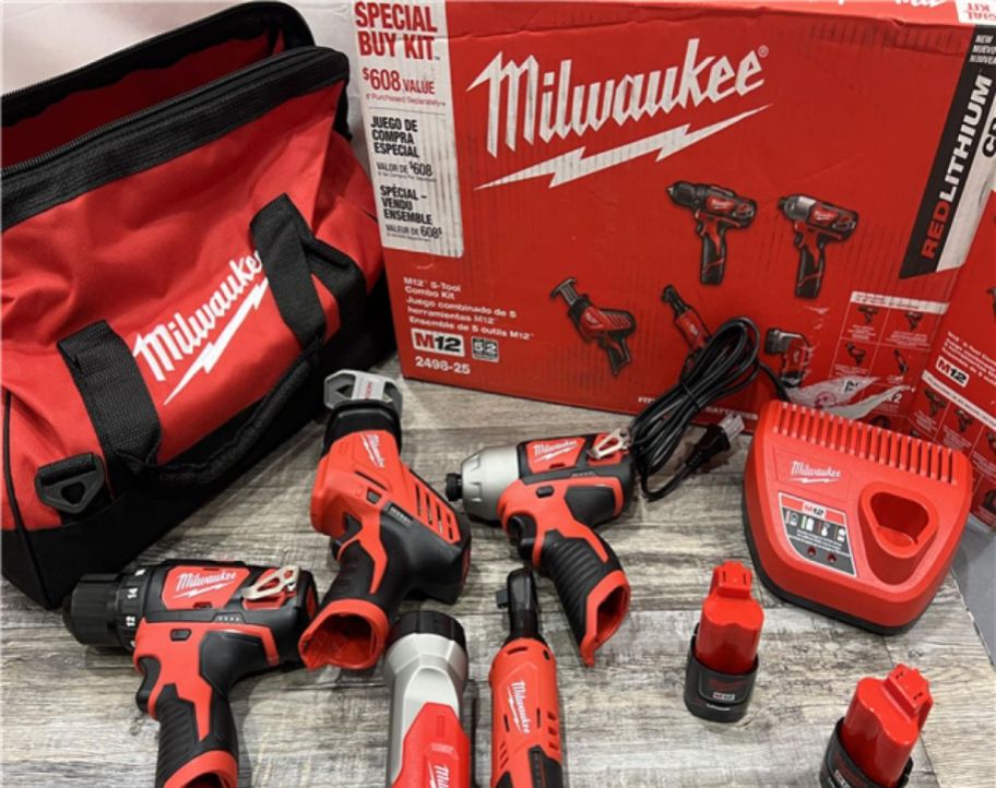 A Milwaukee tool set with a bag