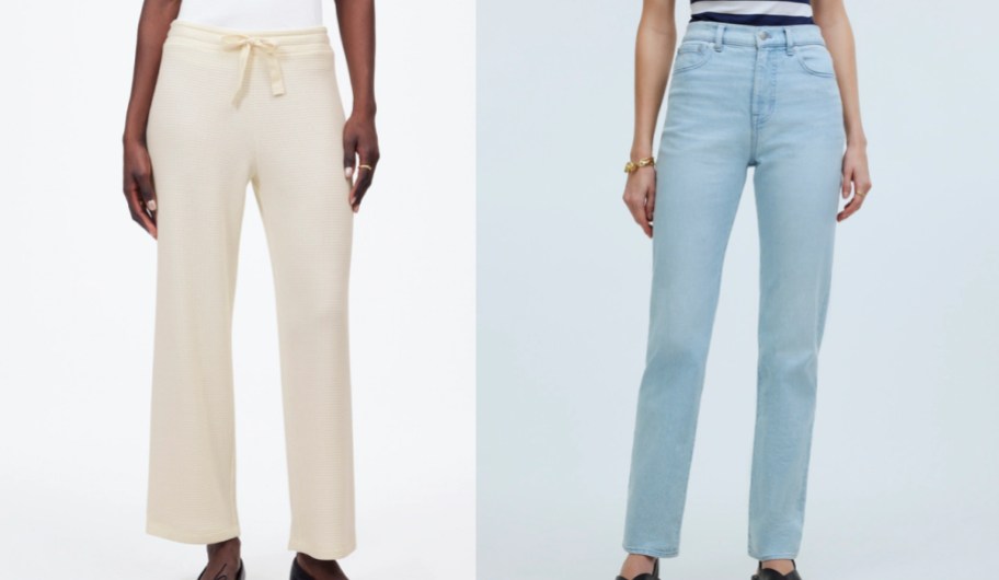 Woman wearing madewell beige pants next to a woman wearing blue jeans