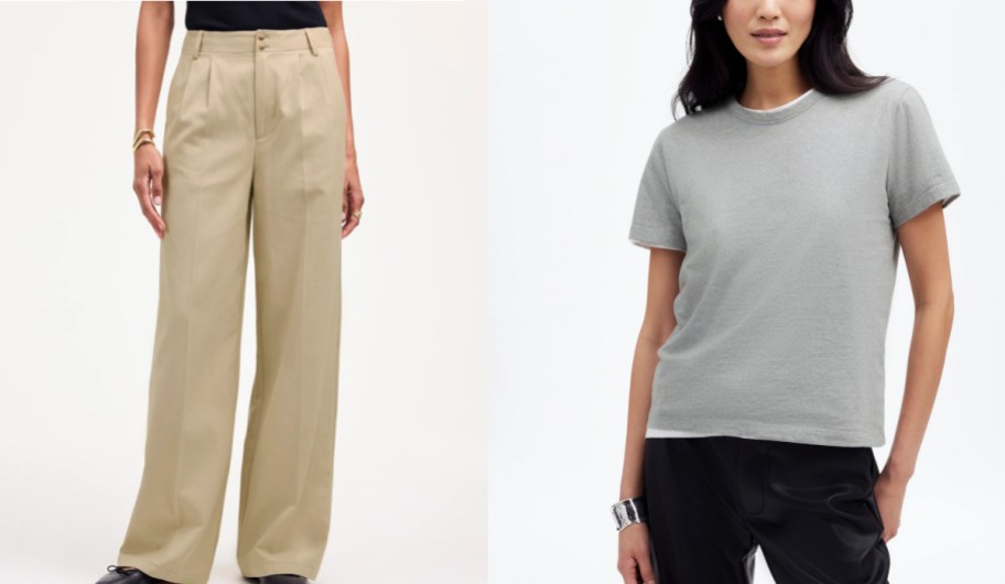 Woman wearing beige madewell pants and madewell gray t-shirt