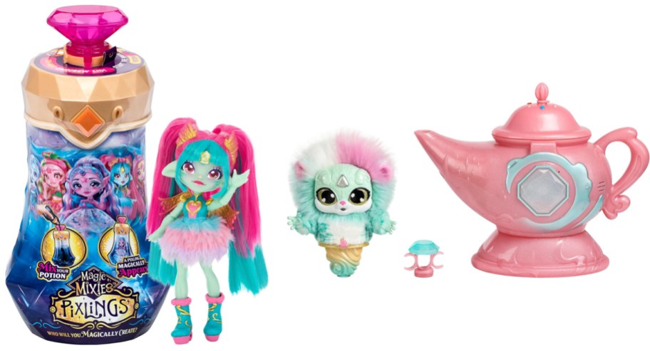 Magic Mixies Pixlings Amber the Dragon 6.5in Doll in Magic Mixies Magic Genie Lamp w: Interactive 8in Plush Toy