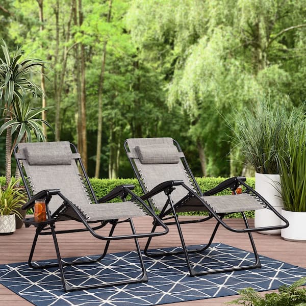 Mainstays Reclining Zero-Gravity Sling Outdoor Chair with Cup Holders, 2 Pack-Gray