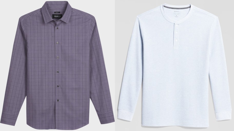 purple dress shirt and light blue henley shirt