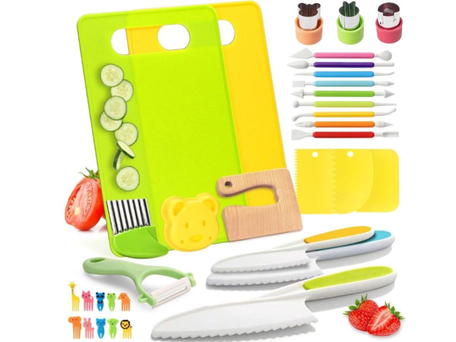 a stock image of a kid's Montessori kitchen playset with various kitchen gadgets and tools