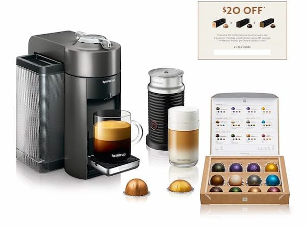 Nespresso Evoluo Coffee Machine, Milk Frother, $20 Voucher, and Capsules only $134.98 shipped ($300 Value!)