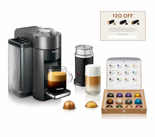 Nespresso Evoluo Coffee Machine, Milk Frother, $20 Voucher, and Pods