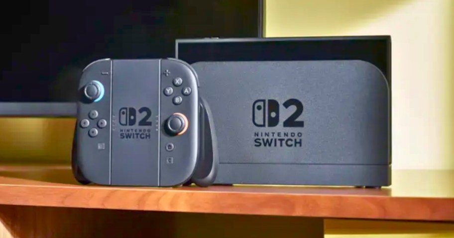 a Nintendo Switch 2 console and controllers and gaming screen
