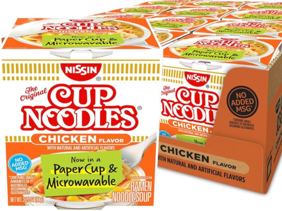 Stock image of a 12-pack of Nissin Cup Noodles Chicken Flavored Ramen