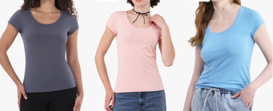 three women in grey, light pink, and blue tshirts