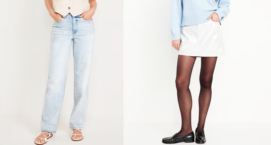 women in jeans and silver mini skirt