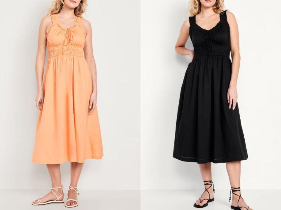Two women wearing Old Navy Waist-Defined Ruffled Midi Dress 